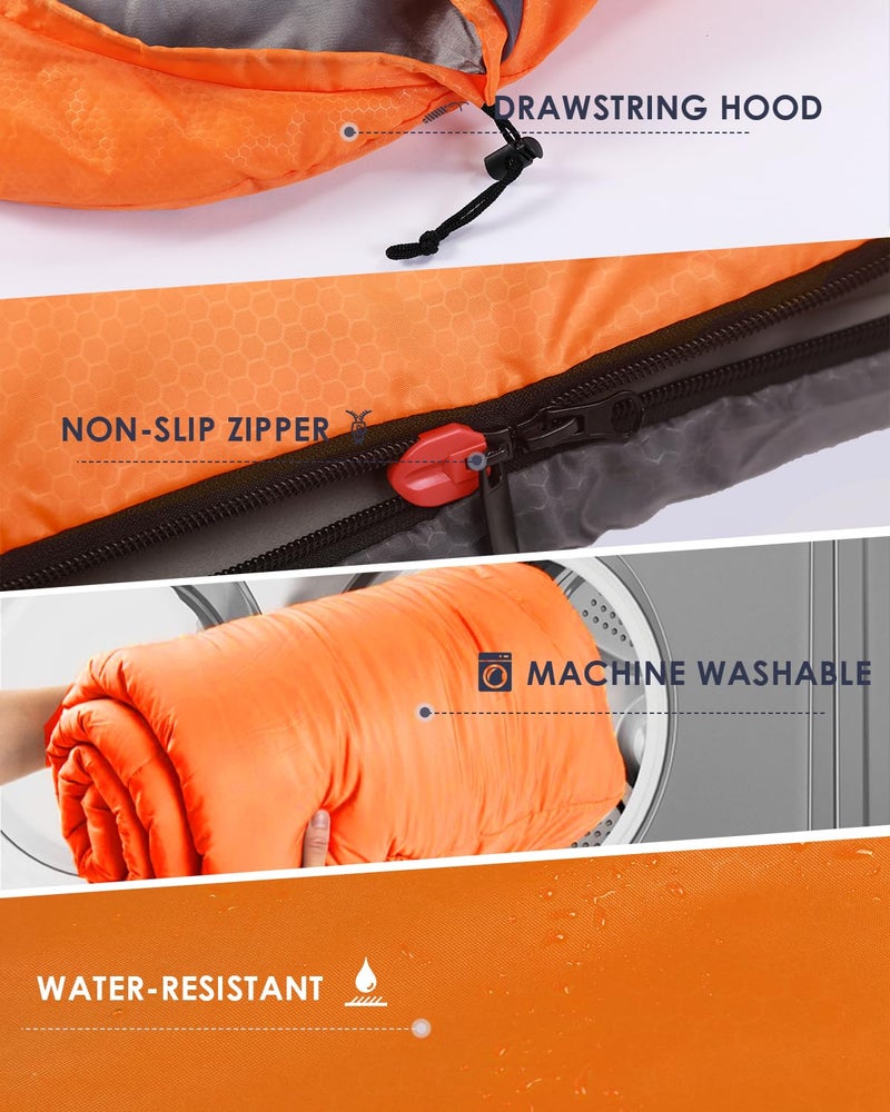 JEAOUIA Sleeping Bags for Adults Women Backpacking Lightweight Waterproof- Summer Weather Sleeping Bag for Girls Warm Camping Hiking Outdoor Travel Hunting with Compression Bag(Orange) - Image 5